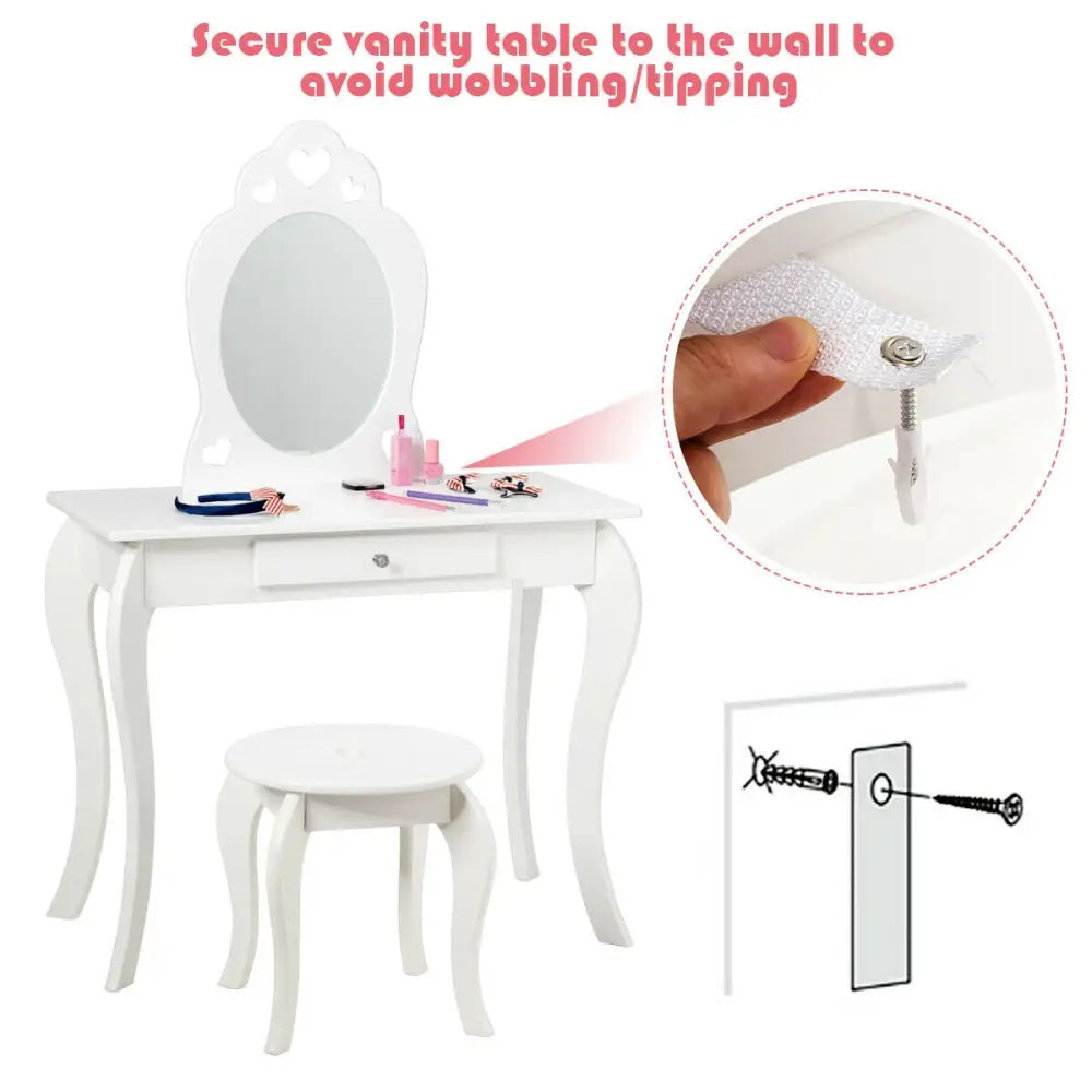 Kids Princess Makeup Dressing Play Table Set with Mirror -White - White - Kids Vanities