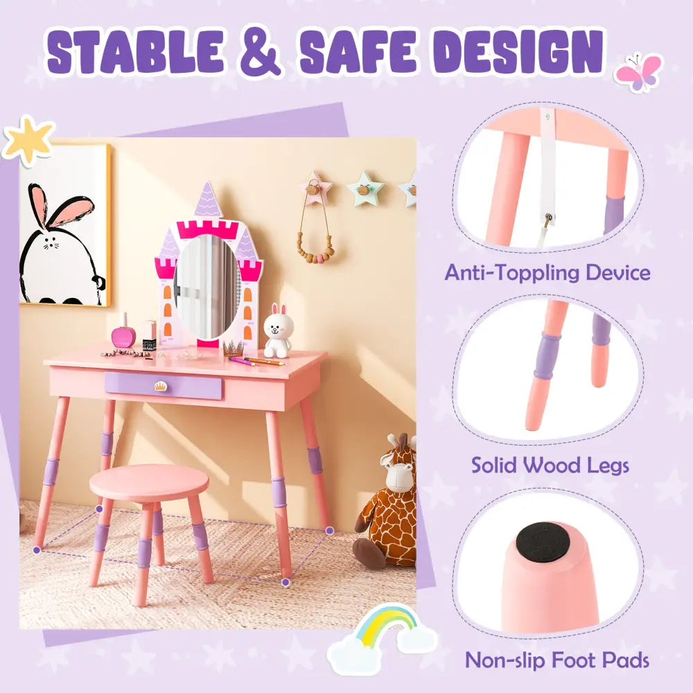 Kids Princess Vanity Table and Stool Set with Drawer and Mirror-Pink - Pink - Kids Vanities
