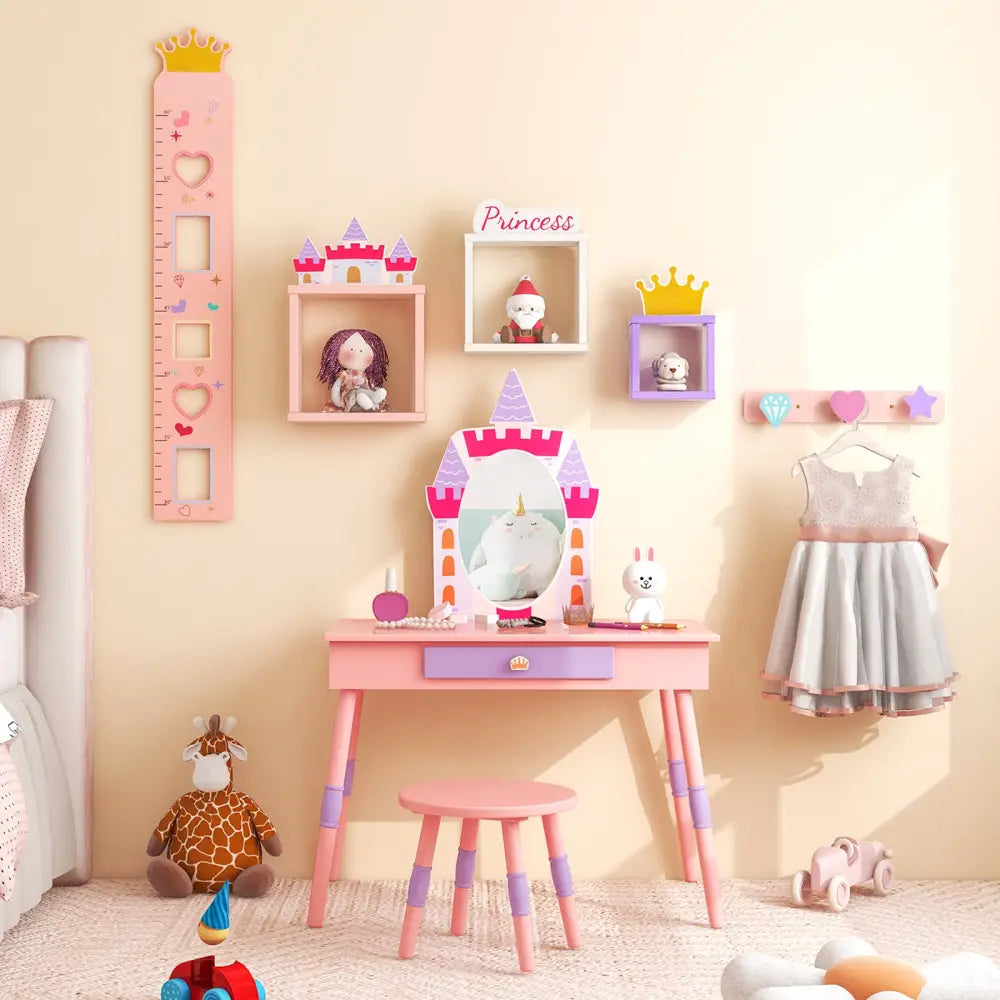 Kids Princess Vanity Table and Stool Set with Drawer and Mirror-Pink - Pink - Kids Vanities