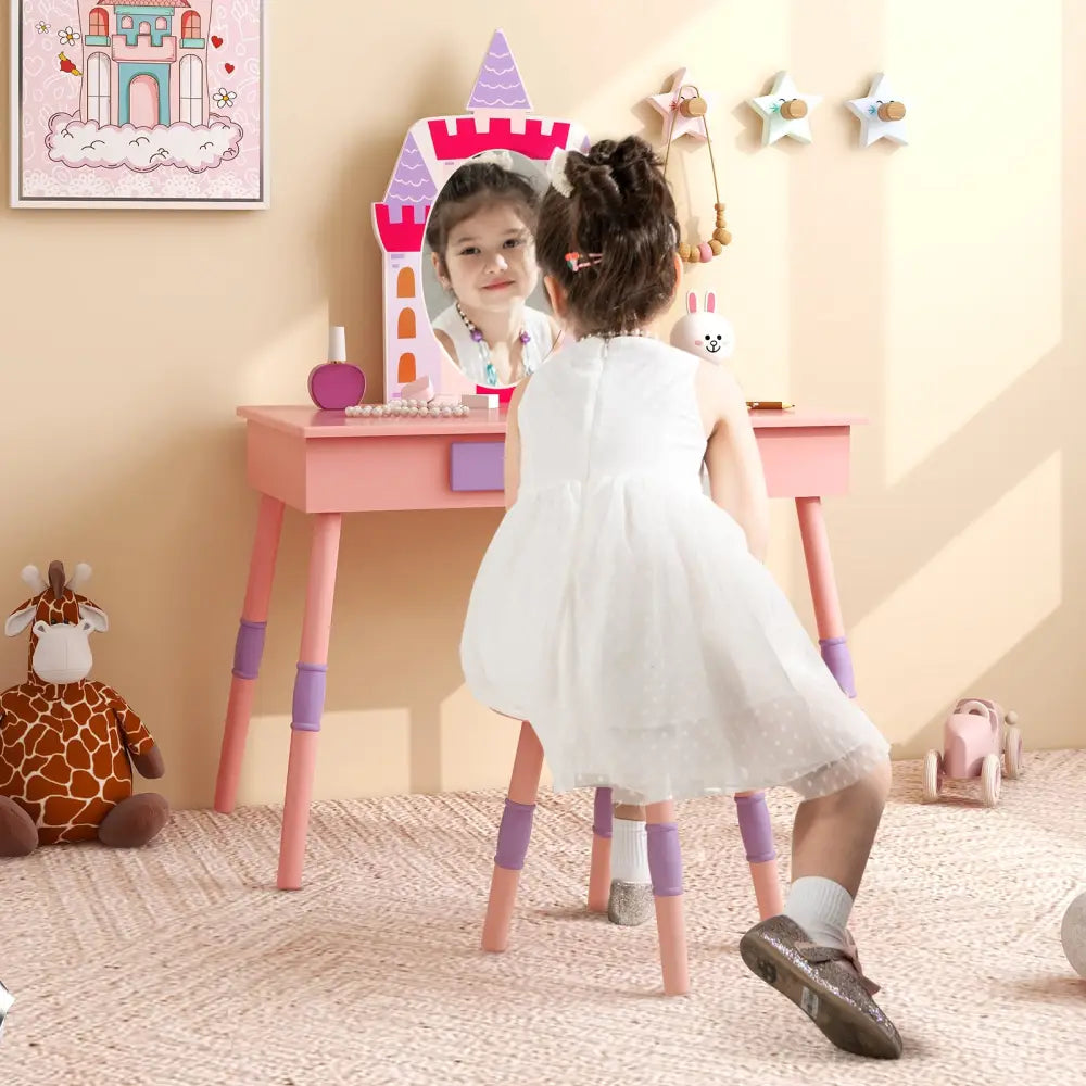 Kids Princess Vanity Table and Stool Set with Drawer and Mirror-Pink - Pink - Kids Vanities