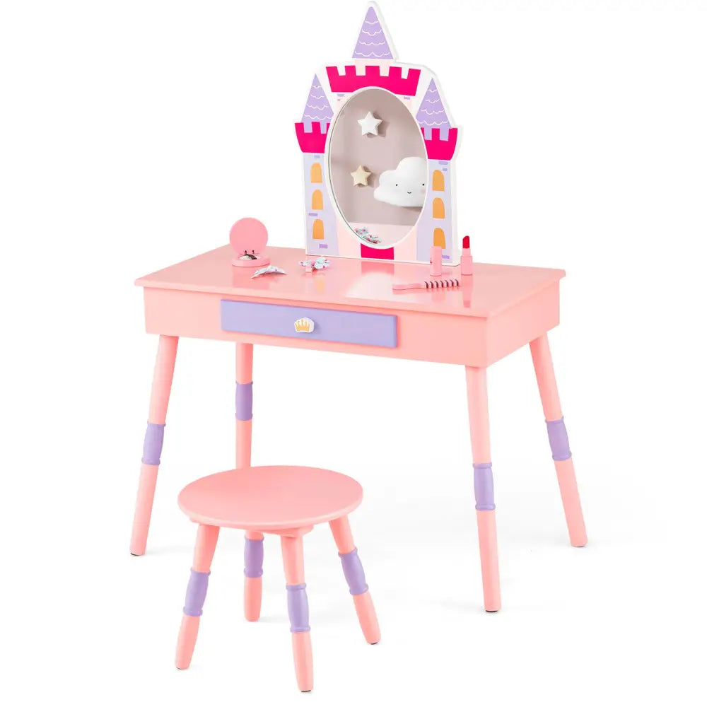 Kids Princess Vanity Table and Stool Set with Drawer and Mirror-Pink - Pink - Kids Vanities
