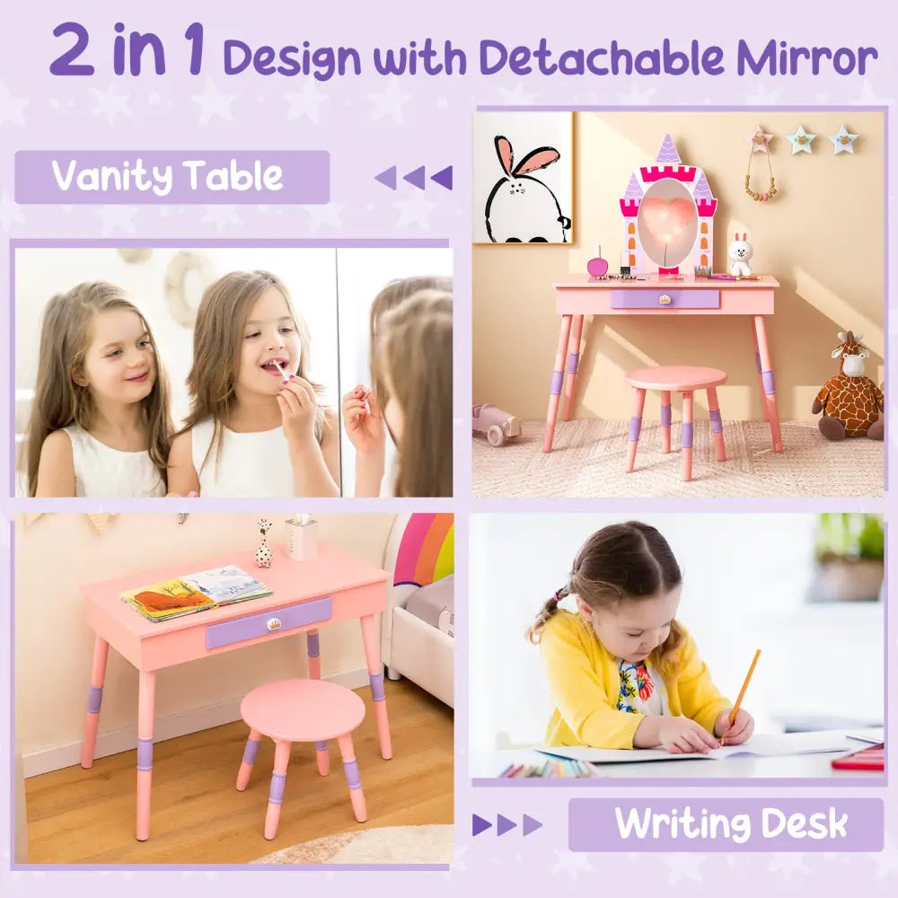 Kids Princess Vanity Table and Stool Set with Drawer and Mirror-Pink - Pink - Kids Vanities