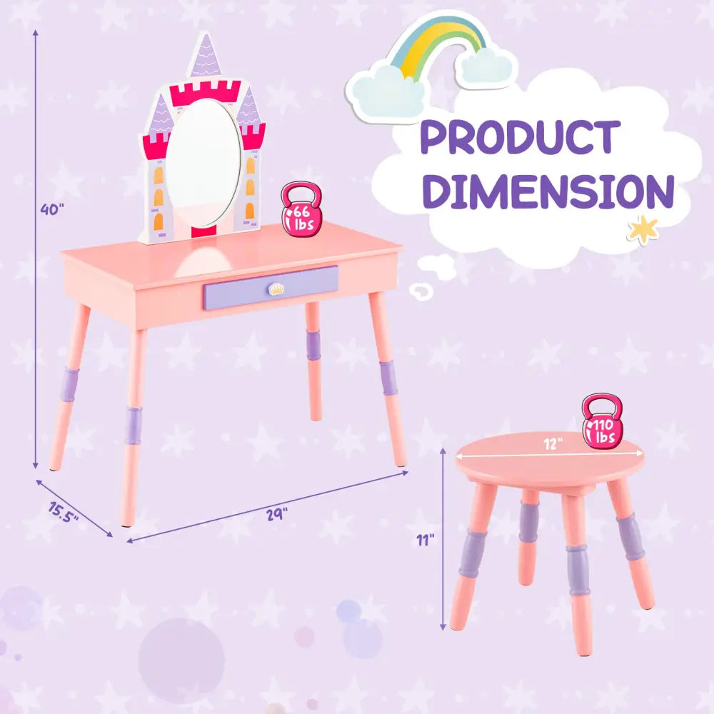 Kids Princess Vanity Table and Stool Set with Drawer and Mirror-Pink - Pink - Kids Vanities