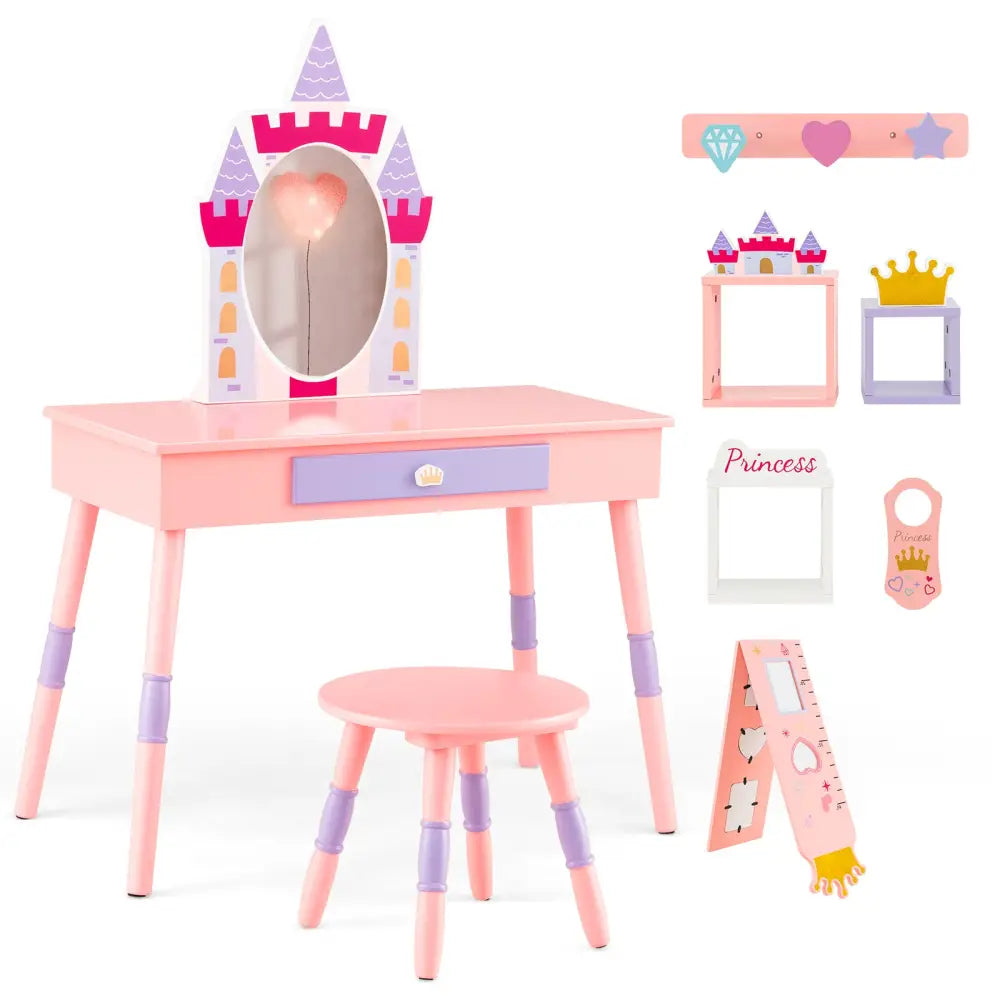 Kids Princess Vanity Table and Stool Set with Drawer and Mirror-Pink - Pink - Kids Vanities