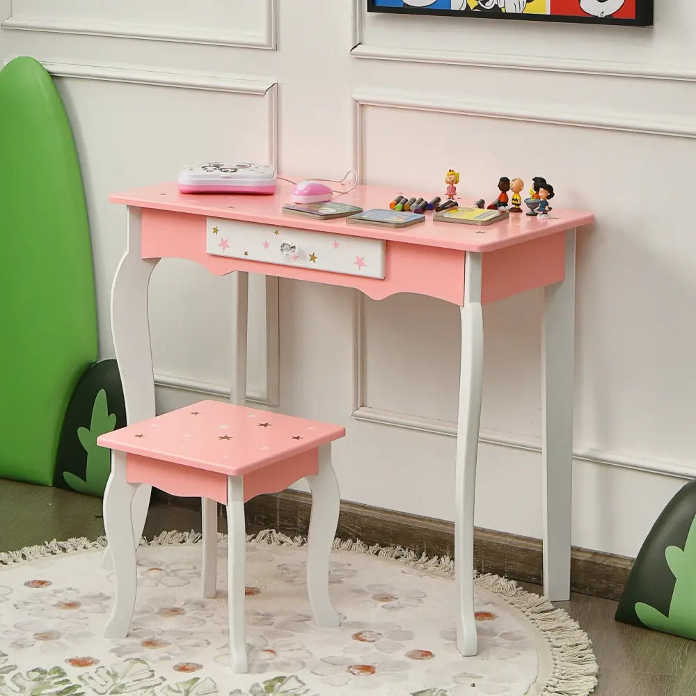 Kids Princess Vanity Table and Stool Set with Tri-folding Mirror and Drawer-Pink - Pink - Kids Vanities
