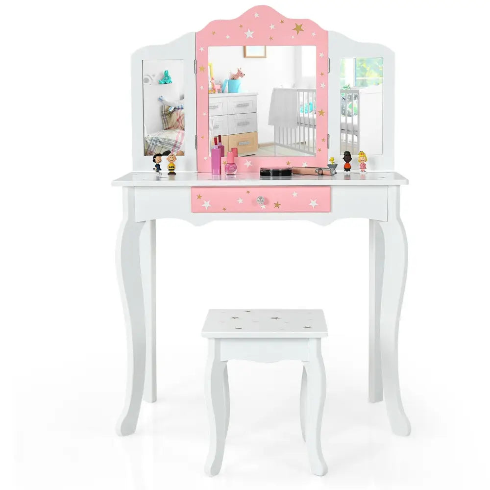 Kids Princess Vanity Table and Stool Set with Tri-folding Mirror and Drawer-White - White - Kids Vanities