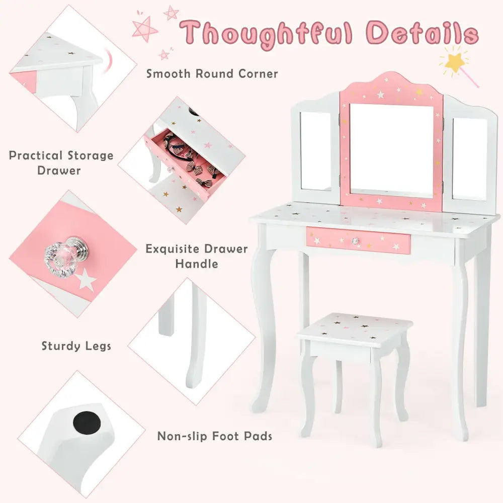 Kids Princess Vanity Table and Stool Set with Tri-folding Mirror and Drawer-White - White - Kids Vanities