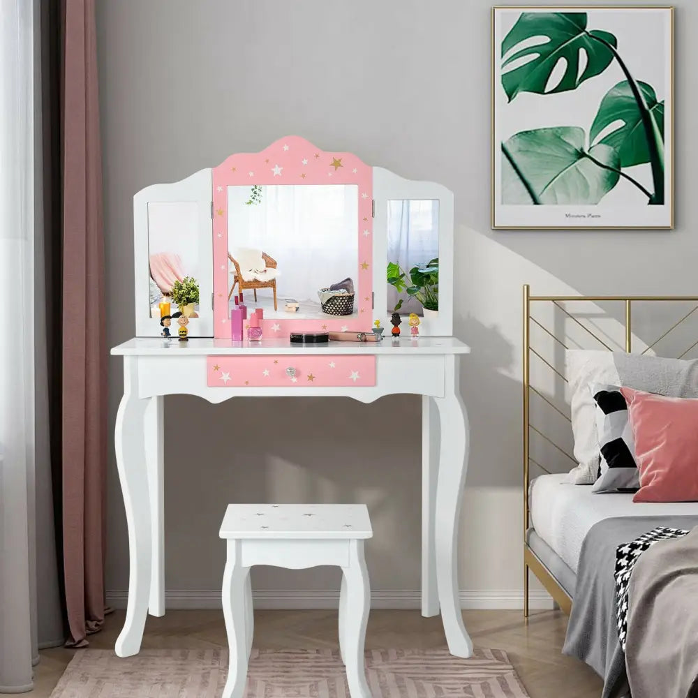 Kids Princess Vanity Table and Stool Set with Tri-folding Mirror and Drawer-White - White - Kids Vanities