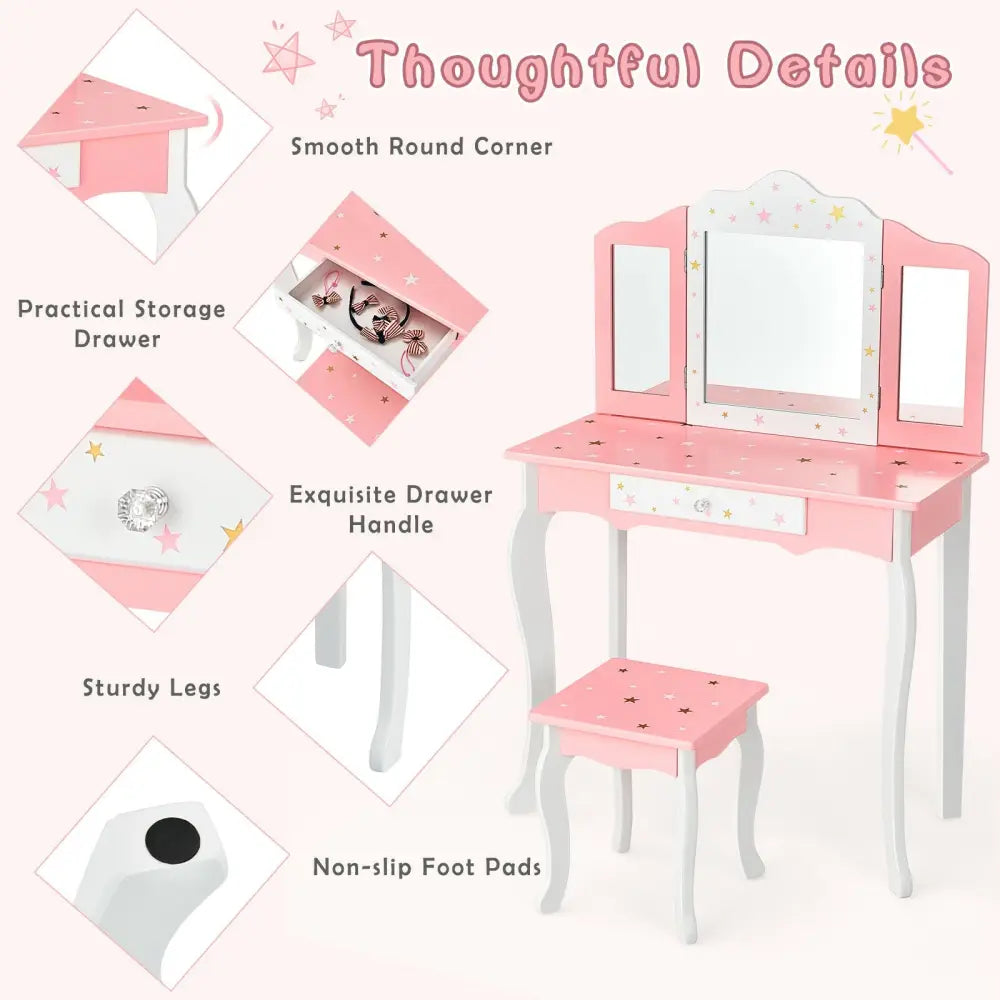 Kids Princess Vanity Table and Stool Set with Tri-folding Mirror and Drawer-Pink - Pink - Kids Vanities