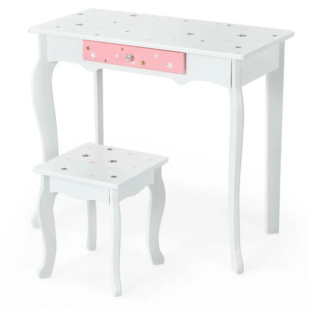 Kids Princess Vanity Table and Stool Set with Tri-folding Mirror and Drawer-White - White - Kids Vanities