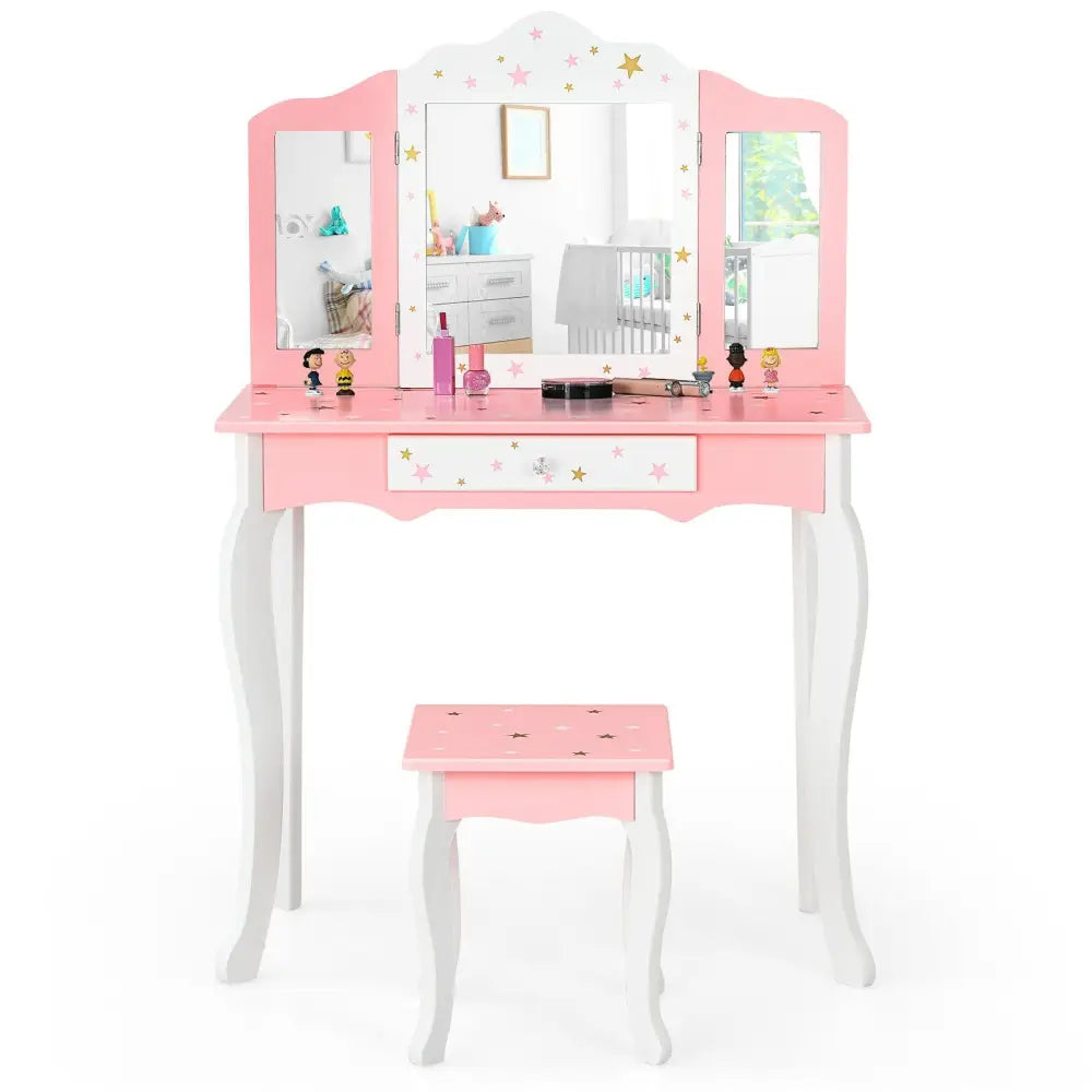 Kids Princess Vanity Table and Stool Set with Tri-folding Mirror and Drawer-Pink - Pink - Kids Vanities