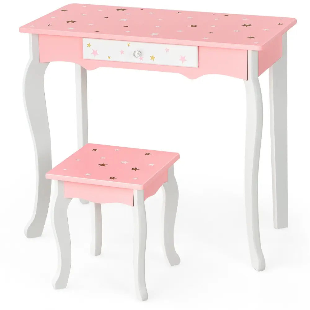 Kids Princess Vanity Table and Stool Set with Tri-folding Mirror and Drawer-Pink - Pink - Kids Vanities