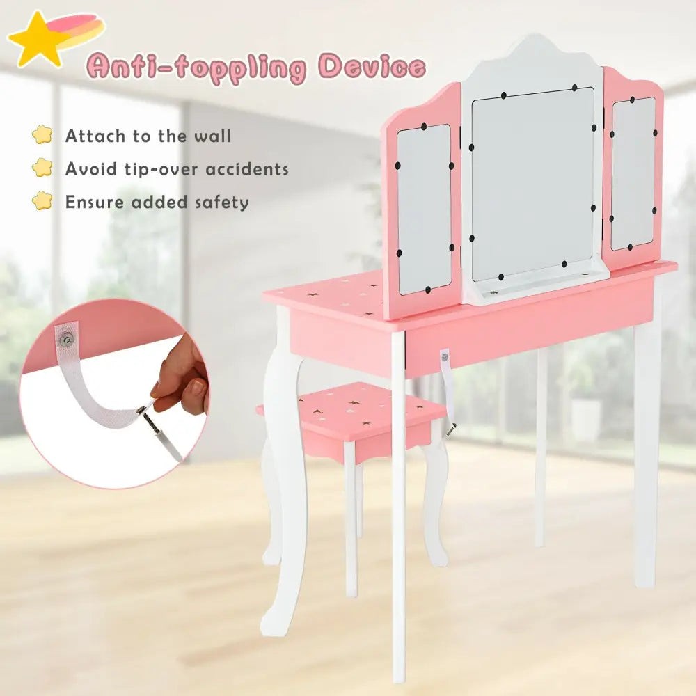 Kids Princess Vanity Table and Stool Set with Tri-folding Mirror and Drawer-Pink - Pink - Kids Vanities