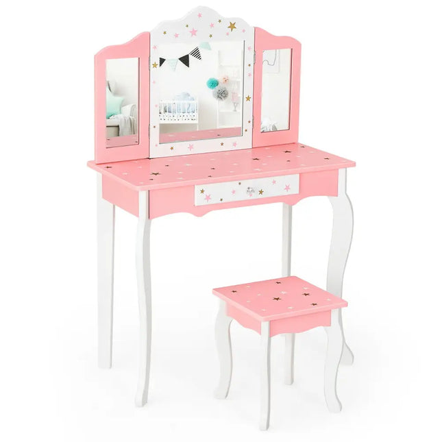 Kids Princess Vanity Table and Stool Set with Tri-folding Mirror and Drawer-Pink - Pink - Kids Vanities
