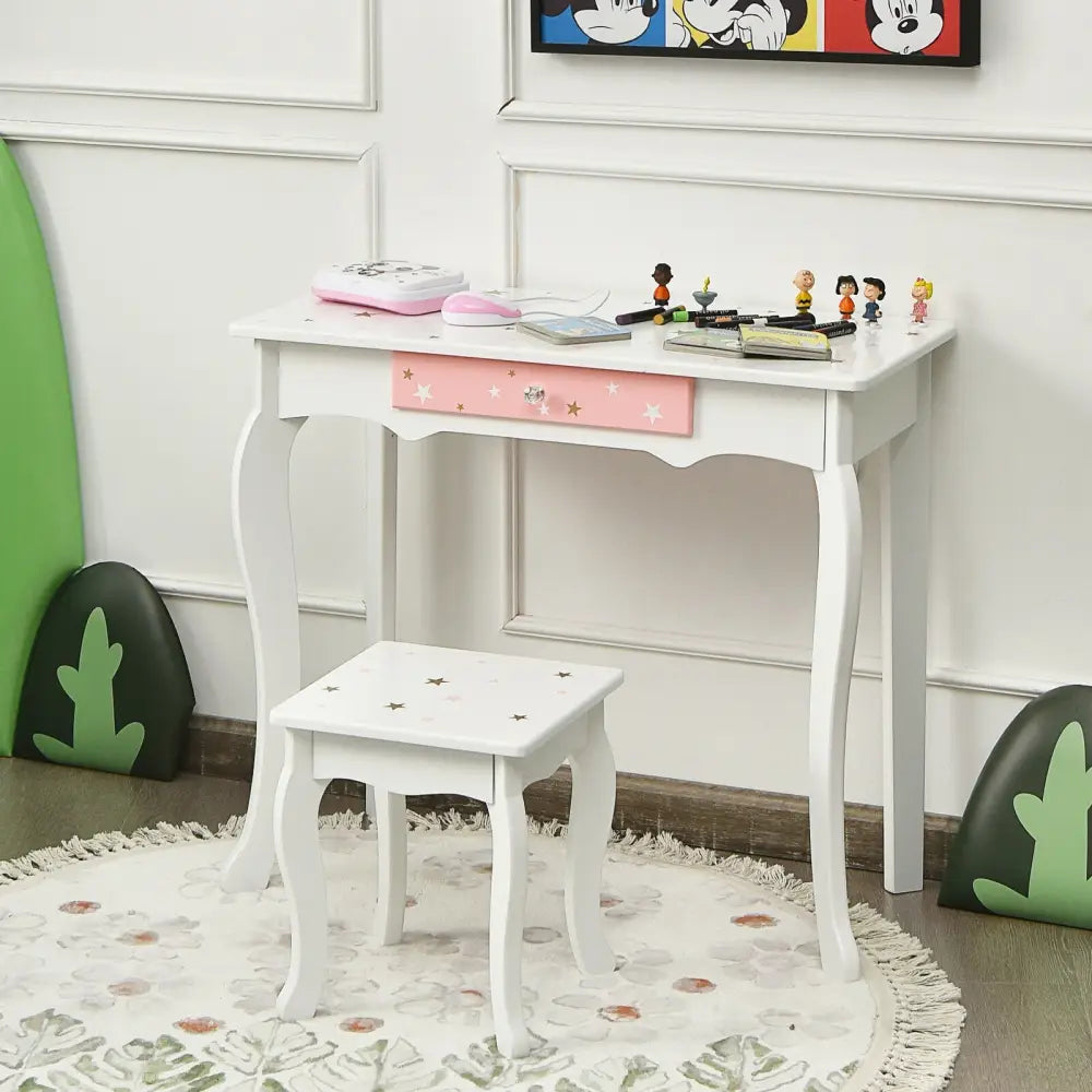 Kids Princess Vanity Table and Stool Set with Tri-folding Mirror and Drawer-White - White - Kids Vanities