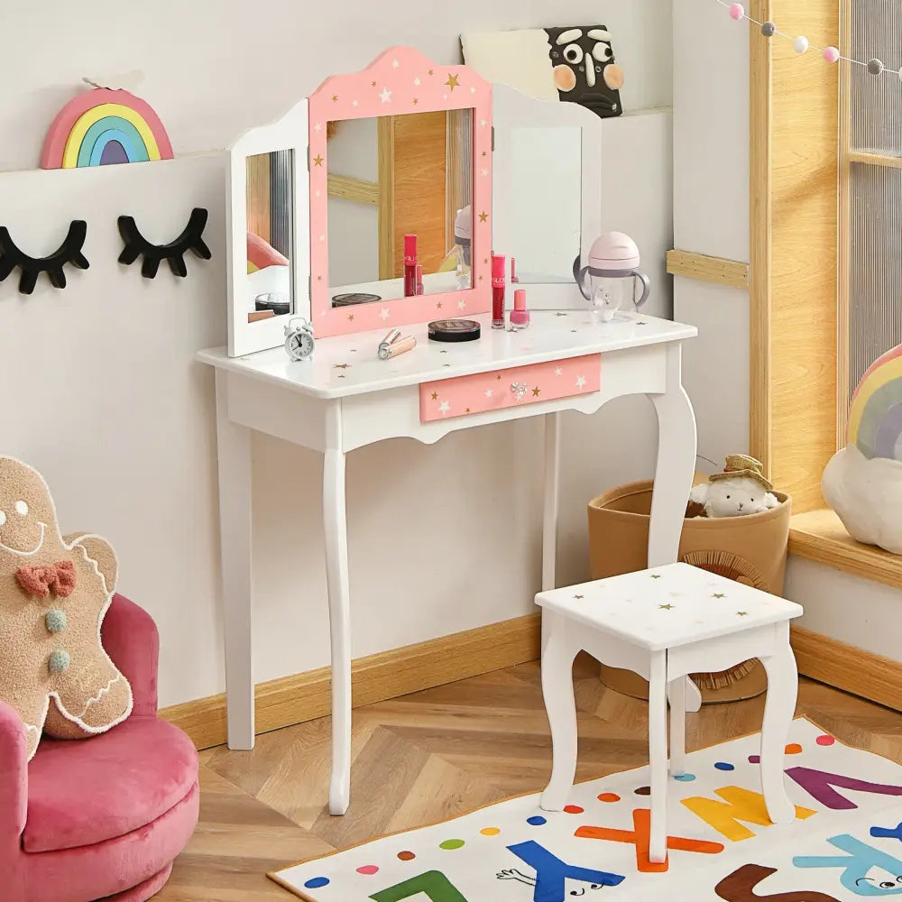 Kids Princess Vanity Table and Stool Set with Tri-folding Mirror and Drawer-White - White - Kids Vanities