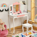 Kids Princess Vanity Table and Stool Set with Tri-folding Mirror and Drawer-White - White - Kids Vanities