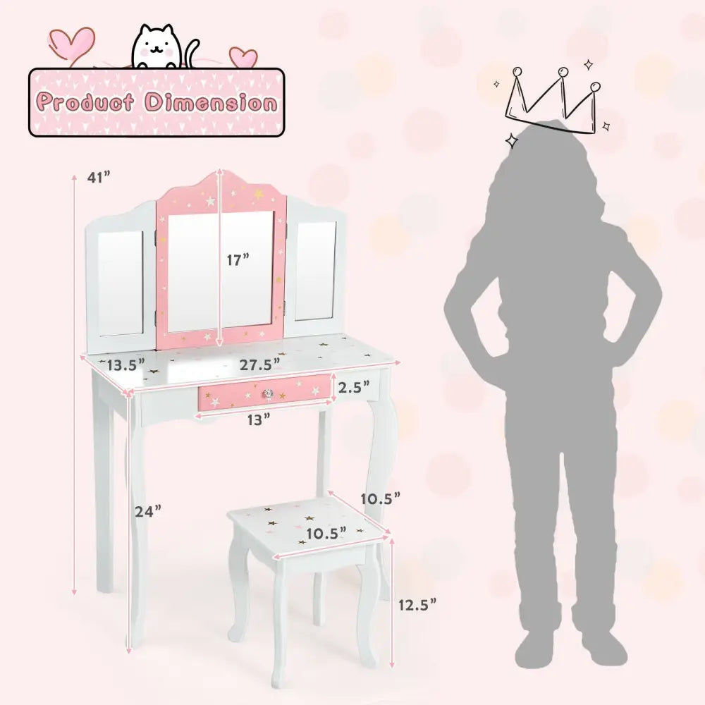 Kids Princess Vanity Table and Stool Set with Tri-folding Mirror and Drawer-White - White - Kids Vanities