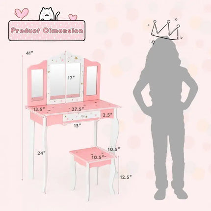 Kids Princess Vanity Table and Stool Set with Trifolding Mirror and DrawerWhite - Oasis Home Essentials
