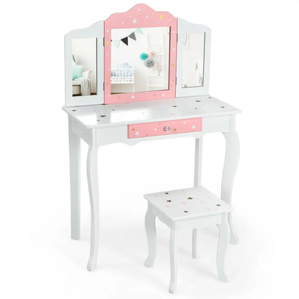 Kids Princess Vanity Table and Stool Set with Trifolding Mirror and DrawerWhite - Oasis Home Essentials