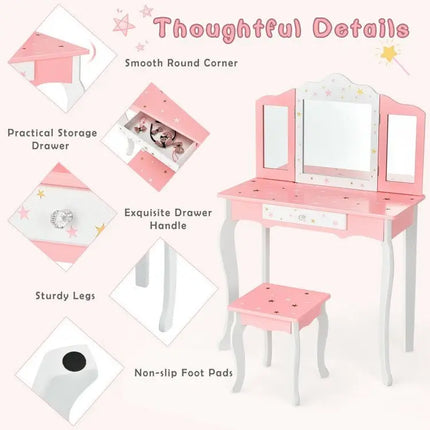 Kids Princess Vanity Table and Stool Set with Trifolding Mirror and DrawerWhite - Oasis Home Essentials