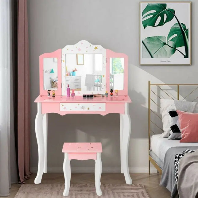 Kids Princess Vanity Table and Stool Set with Trifolding Mirror and DrawerWhite - Oasis Home Essentials