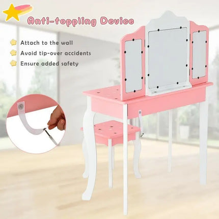 Kids Princess Vanity Table and Stool Set with Trifolding Mirror and DrawerWhite - Oasis Home Essentials