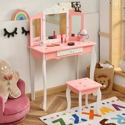 Kids Princess Vanity Table and Stool Set with Trifolding Mirror and DrawerWhite - Oasis Home Essentials