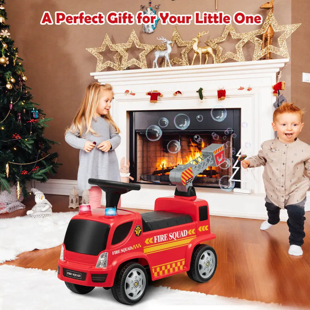 Kids Push Ride On Fire Truck with Ladder Bubble Maker and Headlights-Red - Red - Push & Pedal Ride On Toys