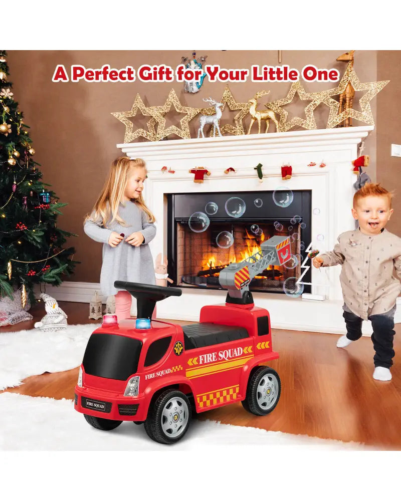 Kids Push Ride On Fire Truck with Ladder Bubble Maker and Headlights-Red - Red - Push & Pedal Ride On Toys