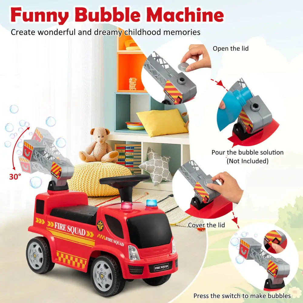Kids Push Ride On Fire Truck with Ladder Bubble Maker and Headlights-Red - Red - Push & Pedal Ride On Toys