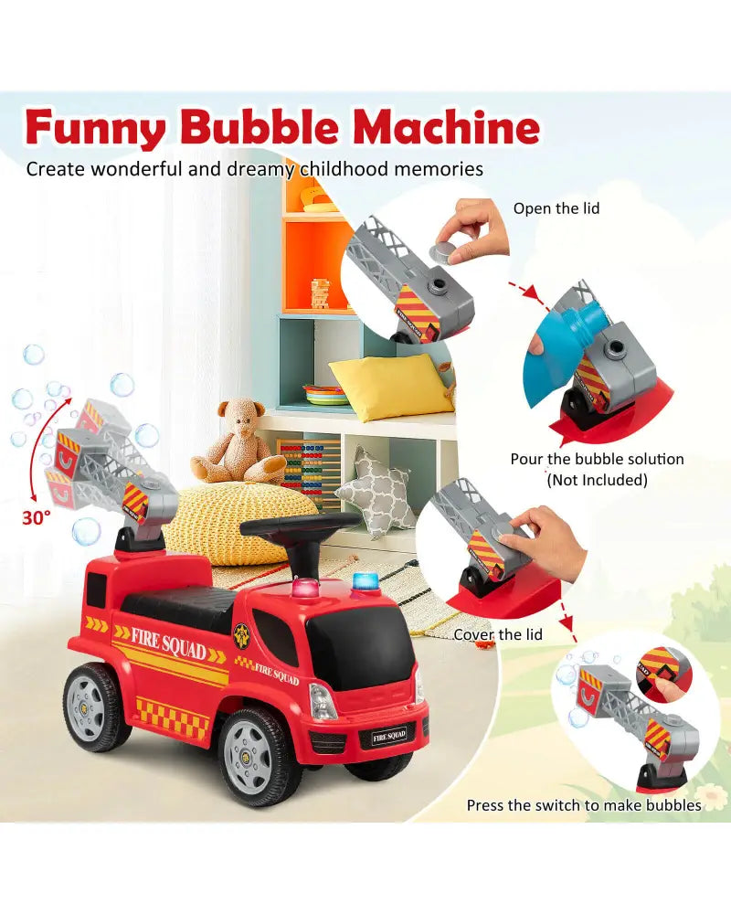 Kids Push Ride On Fire Truck with Ladder Bubble Maker and Headlights-Red - Red - Push & Pedal Ride On Toys