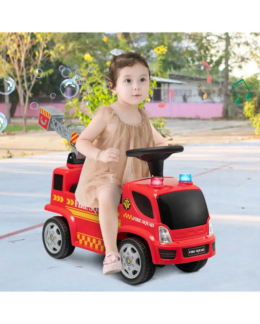 Kids Push Ride On Fire Truck with Ladder Bubble Maker and Headlights-Red - Red - Push & Pedal Ride On Toys