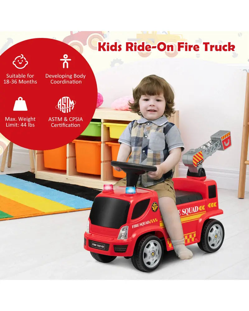 Kids Push Ride On Fire Truck with Ladder Bubble Maker and Headlights-Red - Red - Push & Pedal Ride On Toys