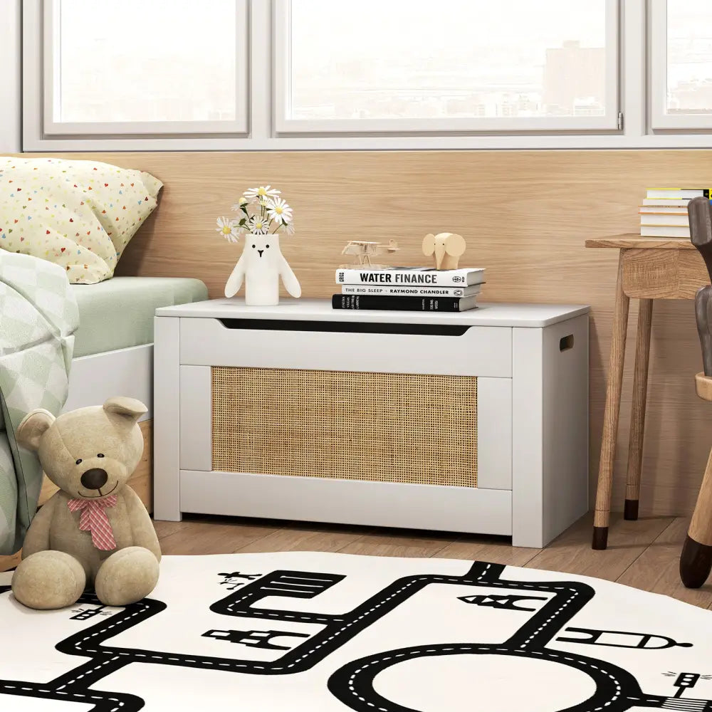 Kids Rattan Toy Storage Box with Flip Top Lid and Safety Hinge Handles-White - White - Kids Storage