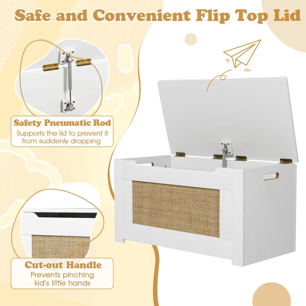 Kids Rattan Toy Storage Box with Flip Top Lid and Safety Hinge Handles-White - White - Kids Storage