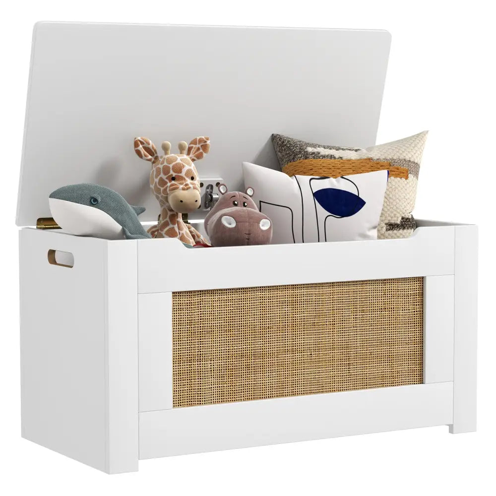 Kids Rattan Toy Storage Box with Flip Top Lid and Safety Hinge Handles-White - White - Kids Storage