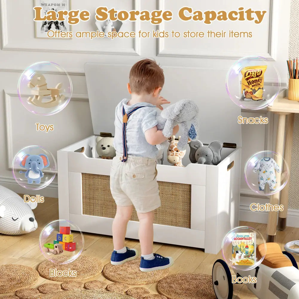 Kids Rattan Toy Storage Box with Flip Top Lid and Safety Hinge Handles-White - White - Kids Storage