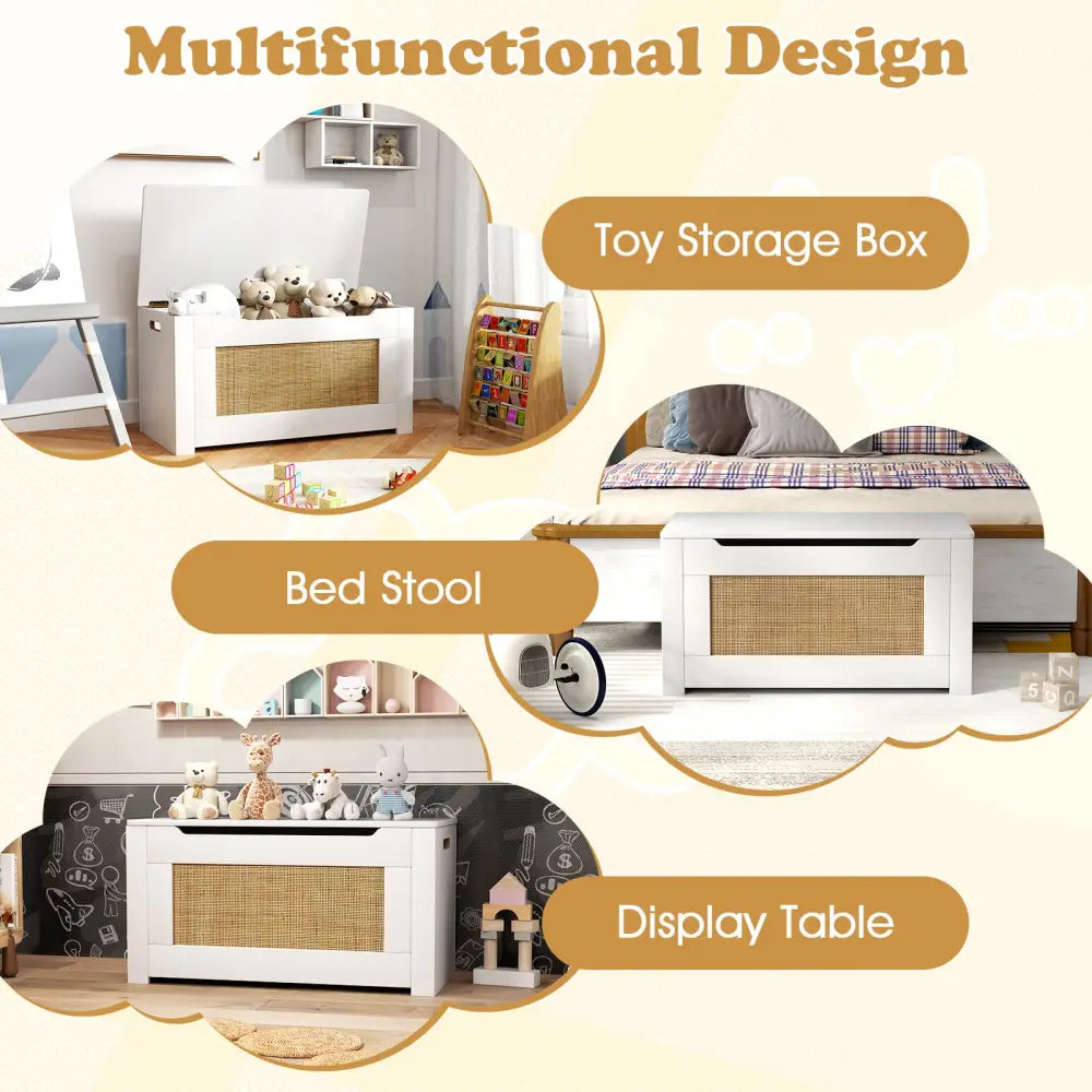 Kids Rattan Toy Storage Box with Flip Top Lid and Safety Hinge Handles-White - White - Kids Storage