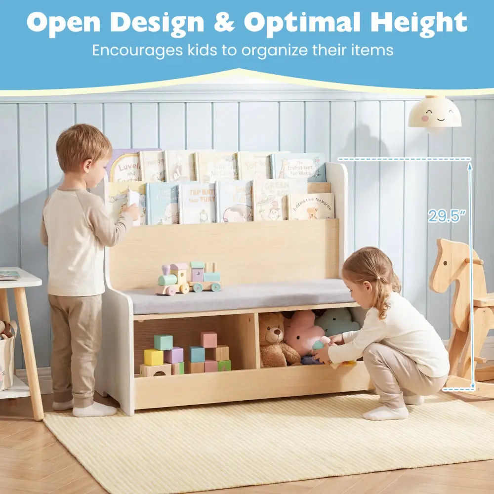 Kids Reading Nook with Bench Bookshelf and 2 Cubbies-White - White - Kids Storage