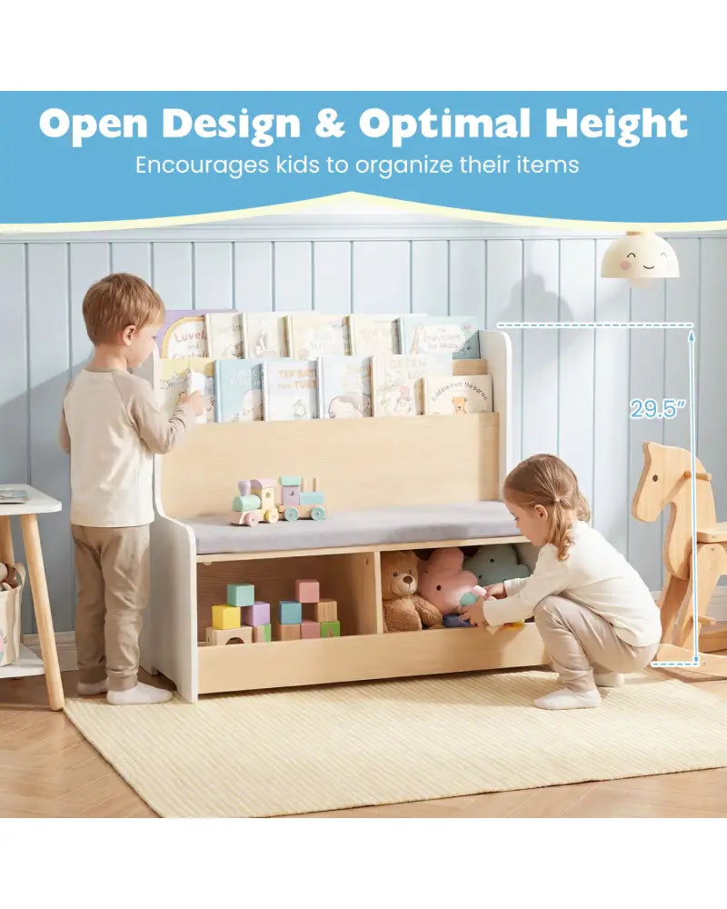 Kids Reading Nook with Bench Bookshelf and 2 Cubbies-White - White - Kids Storage