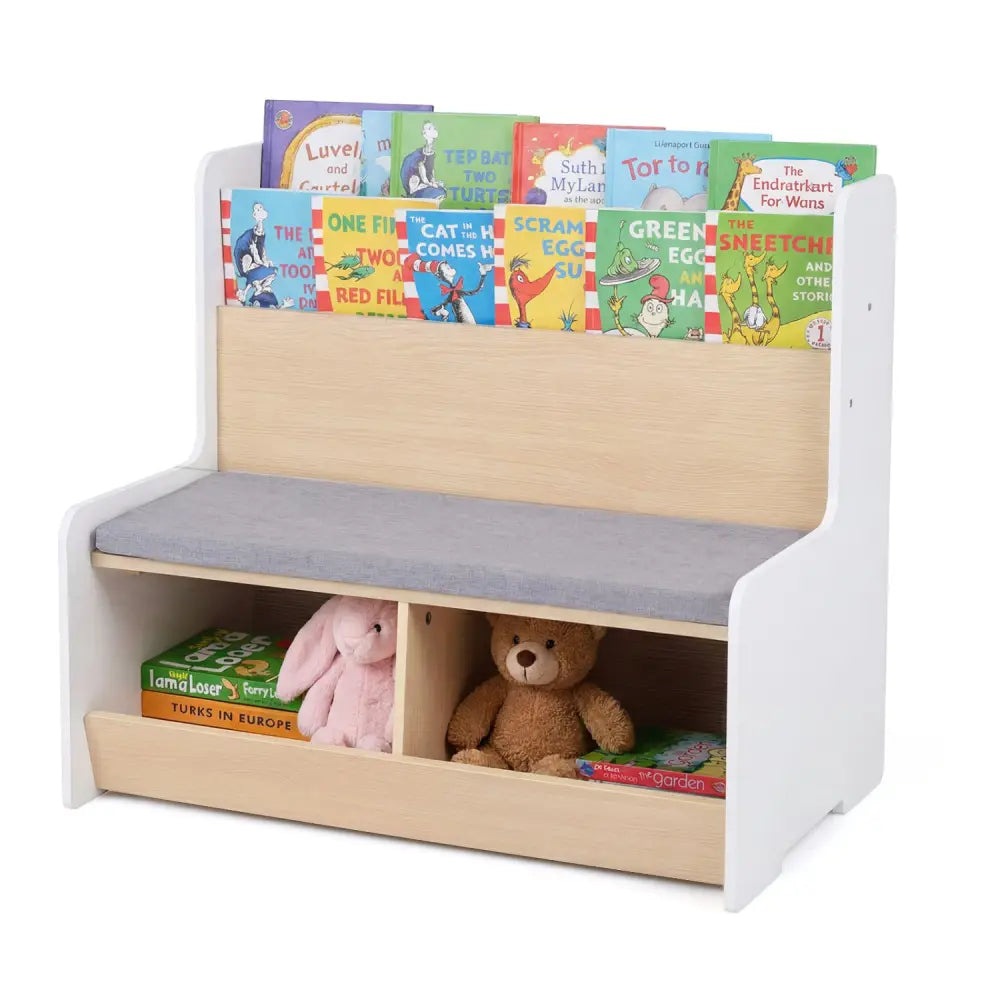Kids Reading Nook with Bench Bookshelf and 2 Cubbies-White - White - Kids Storage