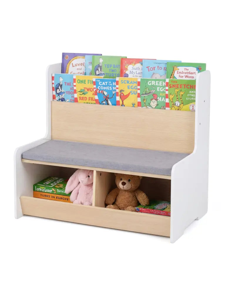 Kids Reading Nook with Bench Bookshelf and 2 Cubbies-White - White - Kids Storage