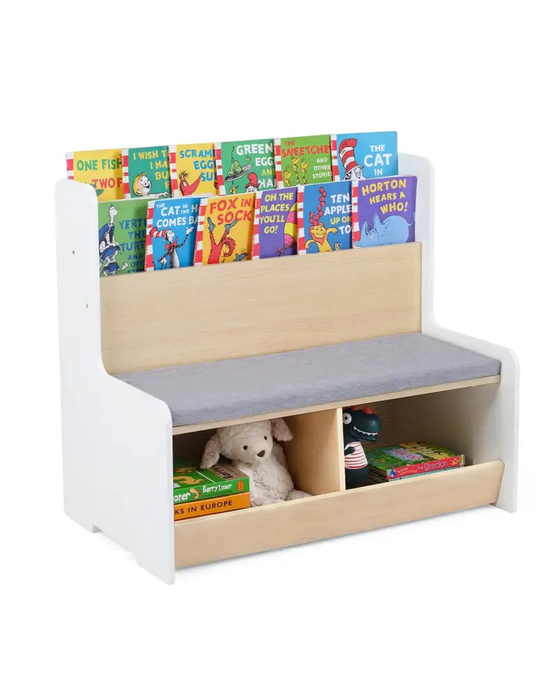 Kids Reading Nook with Bench Bookshelf and 2 Cubbies-White - White - Kids Storage