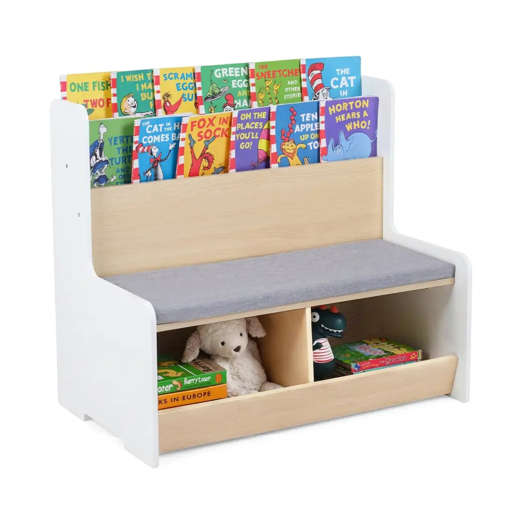 Kids Reading Nook with Bench Bookshelf and 2 Cubbies-White - White - Kids Storage