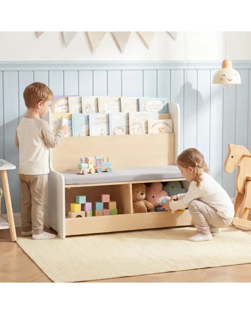 Kids Reading Nook with Bench Bookshelf and 2 Cubbies-White - White - Kids Storage