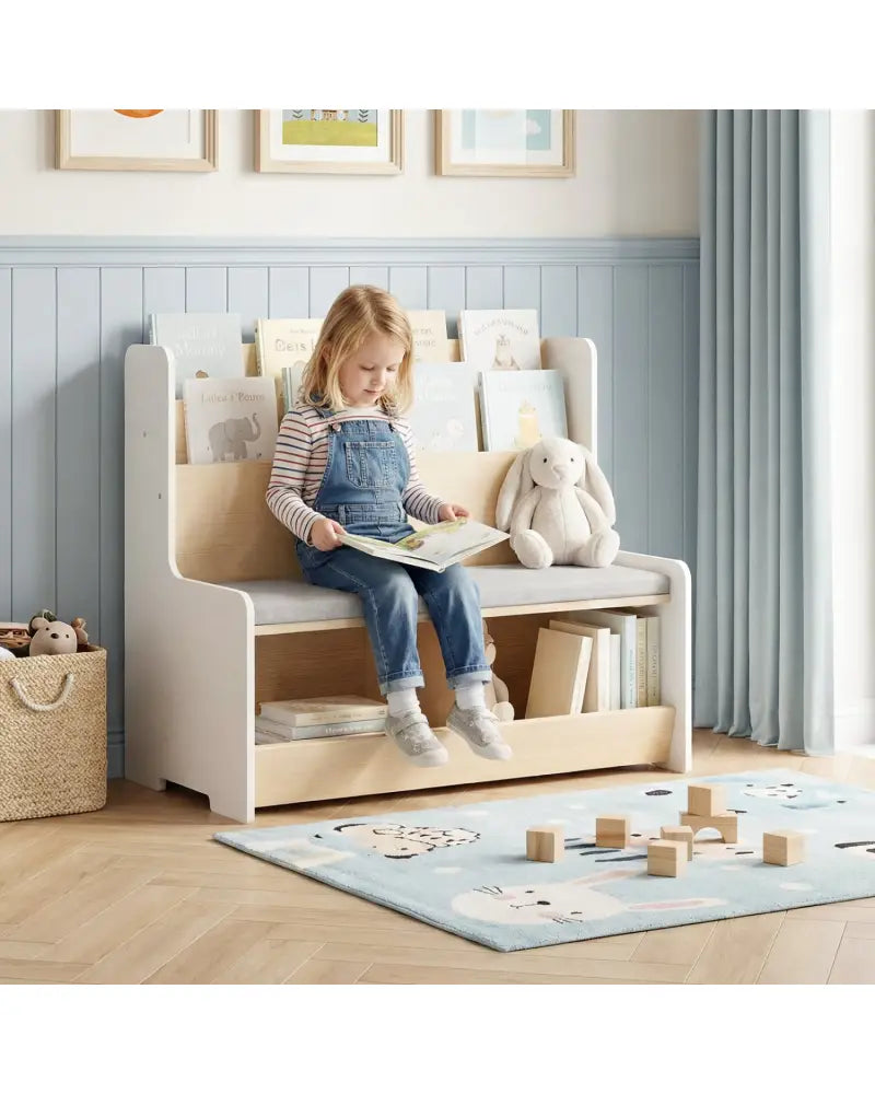 Kids Reading Nook with Bench Bookshelf and 2 Cubbies-White - White - Kids Storage