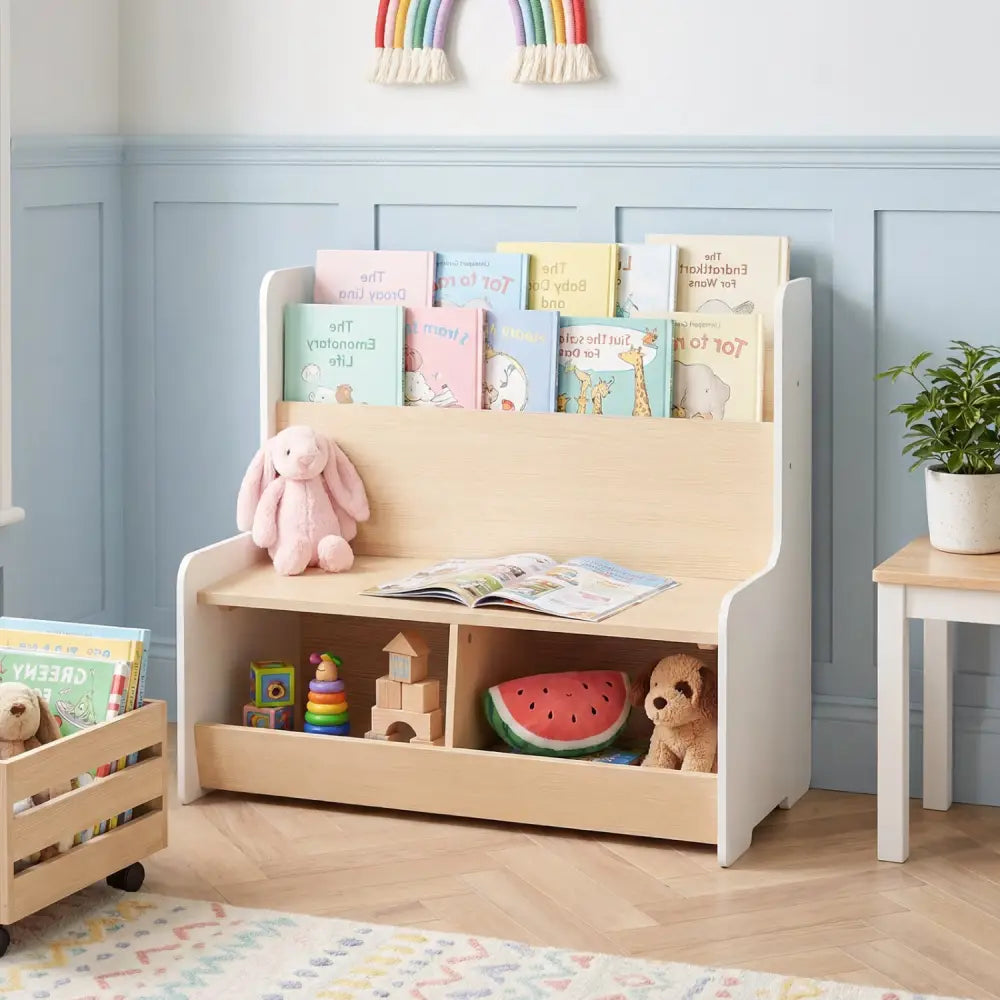 Kids Reading Nook with Bench Bookshelf and 2 Cubbies-White - White - Kids Storage
