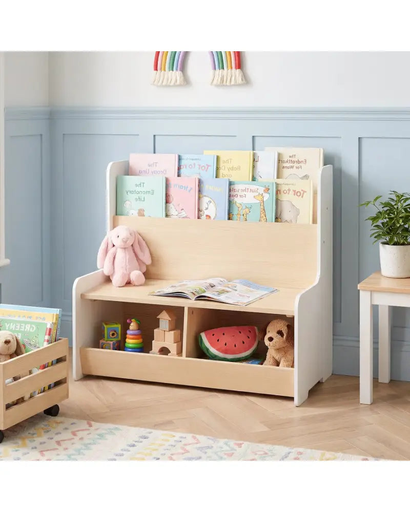 Kids Reading Nook with Bench Bookshelf and 2 Cubbies-White - White - Kids Storage