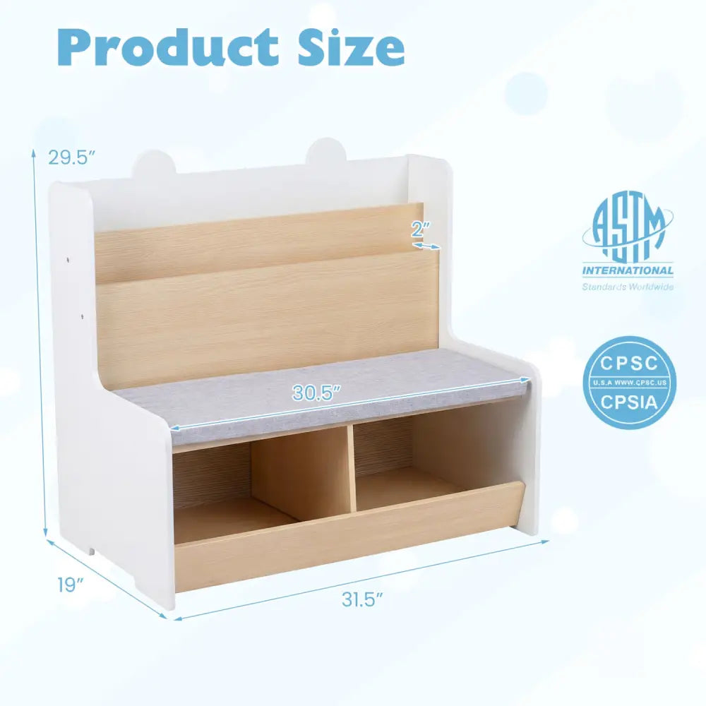 Kids Reading Nook with Bench Bookshelf and 2 Cubbies-White - White - Kids Storage